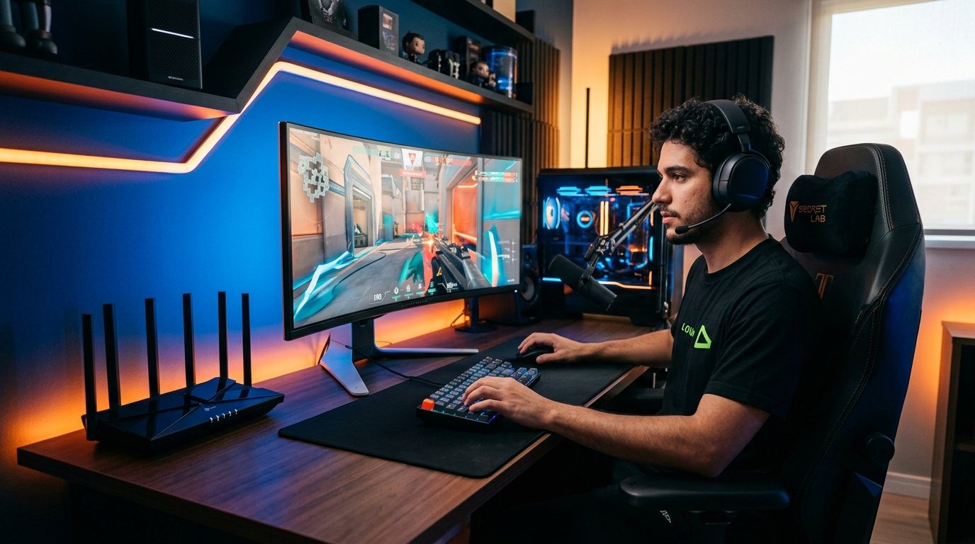 Gamer jogando online sem lag com internet de fibra óptica FTTH e roteador Wi-Fi de alta performance da TVANET