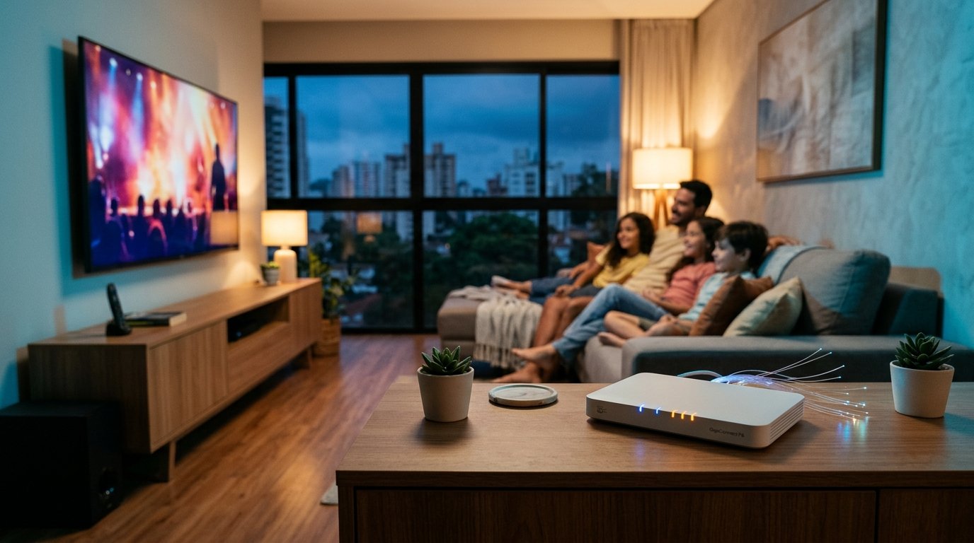 Roteador óptico Gigabit Wi-Fi Dual Band da TVANET conectado com fibra óptica em sala de estar com Smart TV 4K