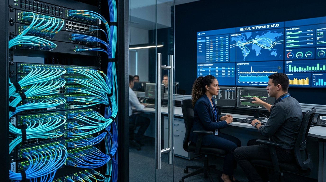 Centro de Operações de Rede (NOC) e racks de fibra óptica para Link Dedicado Corporativo da TVANET Telecom