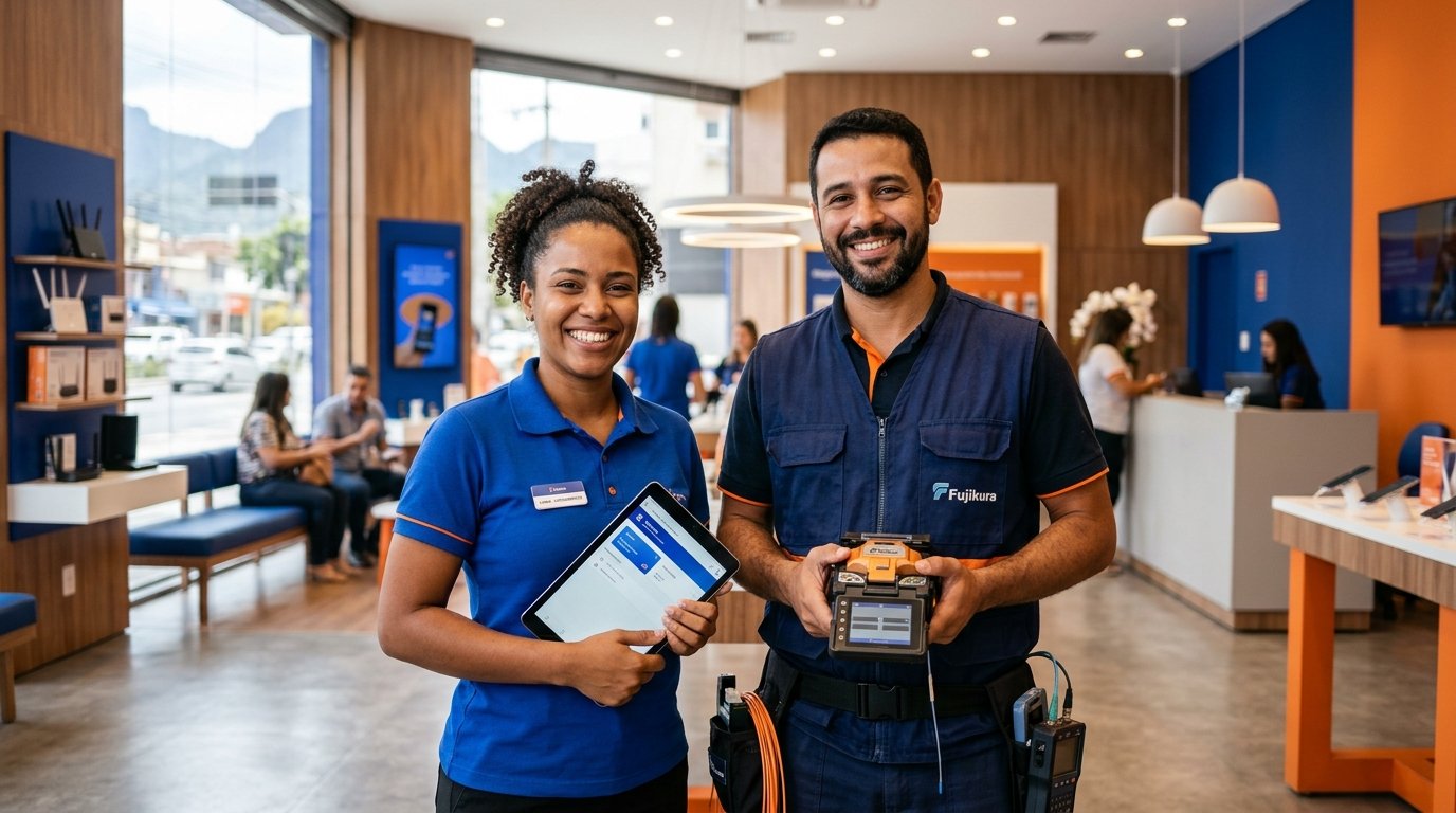 Equipe de atendimento e engenharia de fibra óptica da TVANET Telecom em loja no Rio de Janeiro