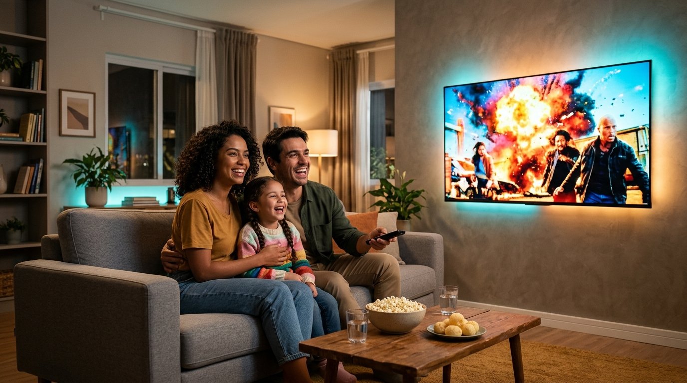 Família brasileira reunida no sofá assistindo filme e esportes em Smart TV 4K com conexão de fibra óptica TVANET